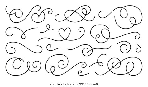 Calligraphic swirl ornament, line style flourishes set. Filigree ornamental curls. Decorative design elements for menu, certificate, diploma, wedding card, invatation, outline text divider