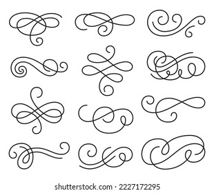 Calligraphic swirl ornament, line style flourishes set. Filigree ornamental curls. Decorative design elements for menu, certificate, diploma, wedding card, invatation, outline text divider