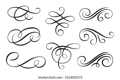 Calligraphic swirl ornament, live line flourish set. Filigree ornamental curls. Decorative design elements for menu, vignette, certificate diploma, wedding card, invatation, outline text divider