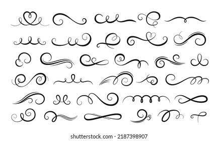 Calligraphic swirls dividers and outline swashes borders. Ornament filigree swirled lines hand design. Rustic flourish decorations racy vector set