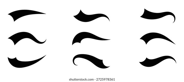 Calligraphic swoosh tail set. Set of hand drawn black calligraphy swoosh. Curly swish tails and sporty plume swirl logo vector elements.  Design concept element collection in eps 10.
