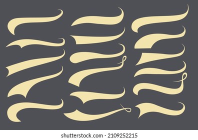 Calligraphic swoosh tail set, underline marker strockes. Sport logo typography elements. Texting letters tail for lettering or baseball club. Vector illustration.