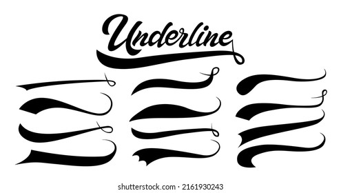 Calligraphic swoosh tail set, underline marker strockes. Sport logo typography elements. Texting letters tail for lettering or baseball club. Vector illustration.