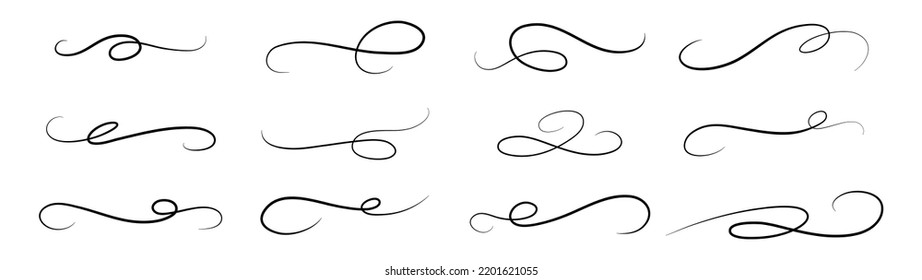 Calligraphic swoosh tail set, underline marker strockes. Sport logo typography elements. Texting letters tail for lettering. Vector illustration.