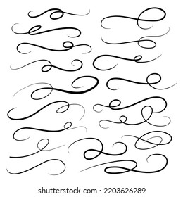 Calligraphic swoosh tail set, underline marker strockes. Sport logo typography elements. Texting letters tail for lettering. Vector illustration