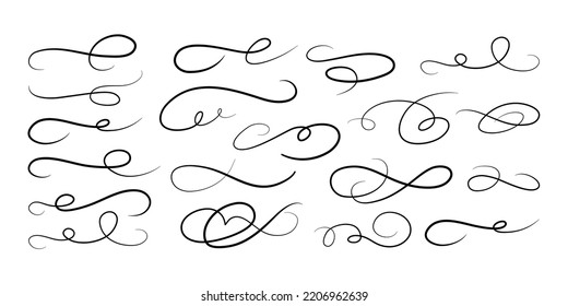 Calligraphic swoosh tail set, underline marker strockes. Sport logo typography elements. Texting letters tail for lettering. Vector illustration.