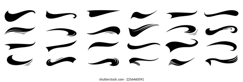 Calligraphic swoosh tail set, underline marker strockes. Sport logo typography elements. Texting letters tail for lettering or baseball club. Vector illustration.