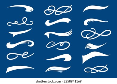Calligraphic swoosh tail set, underline marker strockes. Sport logo typography elements. Texting letters tail for lettering or baseball club. Vector illustration