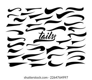 Calligrafische Swoosh-Schwanz-Set, unterstreichen Marker-Strickes. Elemente aus dem Sportlogo, Typografie-Elemente. Textbriefe zum Schreiben oder Baseballklub. Vektorgrafik.