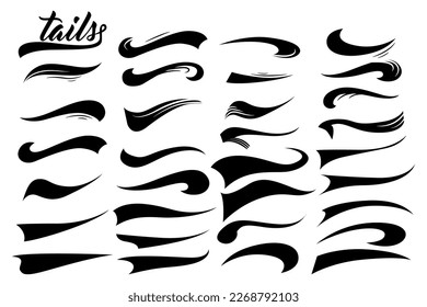 Calligraphic swoosh tail set, underline marker strockes. Sport logo typography elements. Texting letters tail for lettering or baseball club. Vector illustration
