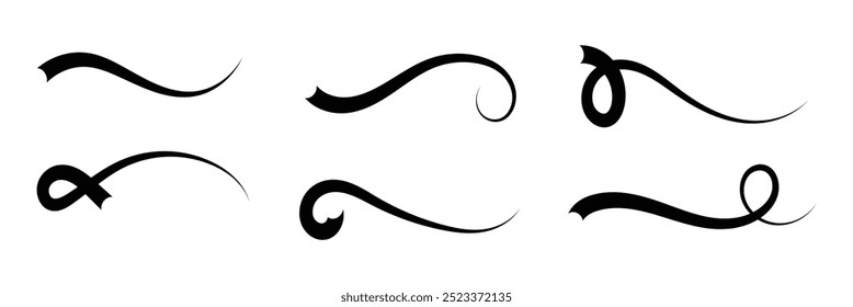 Calligraphic swoosh tail set, underline marker strockes. Sport logo typography elements. Texting letters tail for lettering or baseball club. Vector illustration in eps 10.