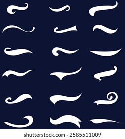 Calligraphic swoosh tail set, underline marker strockes.Hand drawn collection of curly swishes, swashes, swoops. Calligraphy swirl. Highlight text elements. Vector illustration. 