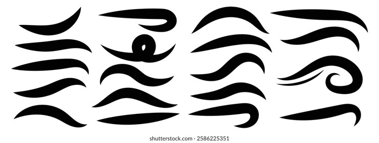 Calligraphic swoosh tail set, underline marker strockes. Baseball swoosh tails, isolated black vector. Hand drawn collection of curly swishes, swashes, swoops.