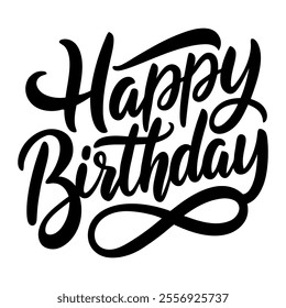 Calligraphic text “happy birthday”, black on white background