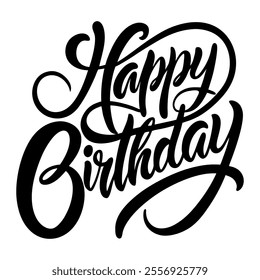 Calligraphic text “happy birthday”, black on white background