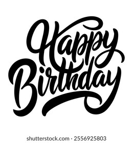 Calligraphic text “happy birthday”, black on white background