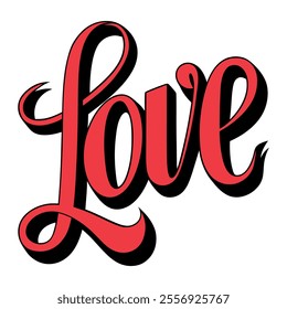 Calligraphic text “love”, black and red on white background
