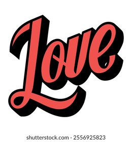 Calligraphic text “love”, black and red on white background
