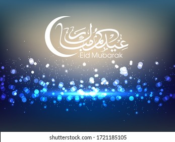 Calligraphic text of Eid Mubarak translated in Arabic language to celebrate Muslim community festival.