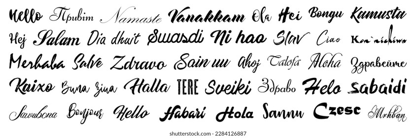 Calligraphic text Hello in different language. Hello text collection