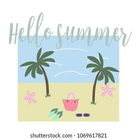 Calligraphic text "Hello Summer" and a picture of the rest. Vector illustration