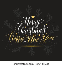 Calligraphic Text Merry Christmas Happy New Year With Snow. Hand Drawn Style Post Card.