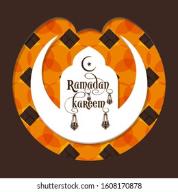 Calligraphic text of Ramadan Kareem with Arabic lamps to celebrate Muslim community festival.