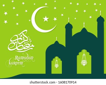 Calligraphic text of Ramadan Kareem translated in Arabic language with lamp and Mosque to celebrate Muslim community festival.