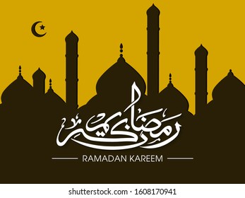 Calligraphic text of Ramadan Kareem translated in Arabic language with Mosque to celebrate Muslim community festival.