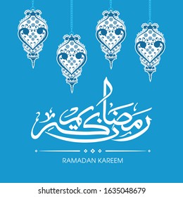 Calligraphic text of Ramadan Kareem translated in Arabic language with lamps to celebrate Muslim community festival.