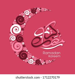 Calligraphic text of Ramadan Kareem translated in Arabic language with moon design to celebrate Muslim community festival.