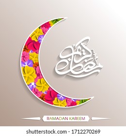 Calligraphic text of Ramadan Kareem translated in Arabic language with moon design to celebrate Muslim community festival.
