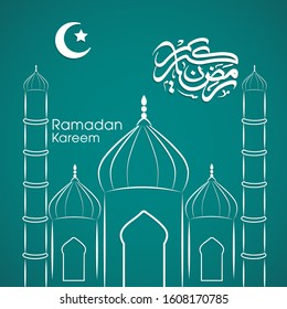 Calligraphic text of Ramadan Mubarak translated in Arabic language with  Mosque to celebrate Muslim community festival.
