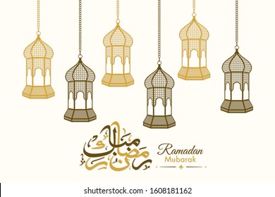 Calligraphic text of Ramadan Mubarak translated in Arabic language with  lamps to celebrate Muslim community festival.