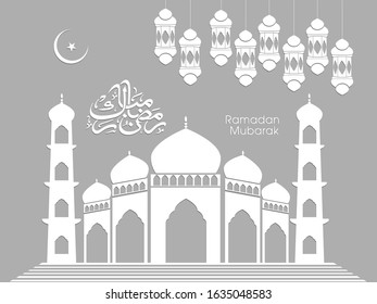 Calligraphic text of Ramadan Mubarak translated in Arabic language with lamps and Mosque to celebrate Muslim community festival.
