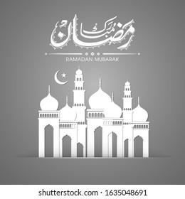 Calligraphic text of Ramadan Mubarak translated in Arabic language with Mosque to celebrate Muslim community festival.