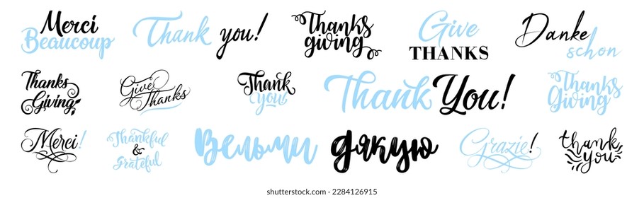 Calligraphic text Thank You in different language. Thank You text collection