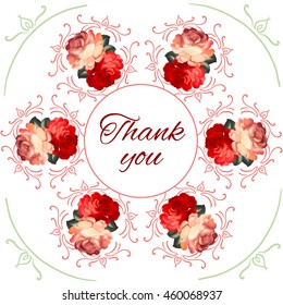 Calligraphic thank you post card with beautiful flowers.