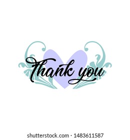 Calligraphic thank you text with floral and heart vector vintage