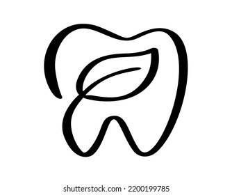 Icono del logotipo de dientes y hojas caligráficas. Símbolo vector Dentistry. Señal médica. Dentalhealth Limpie blanco y sano. Plantilla de atención dental.