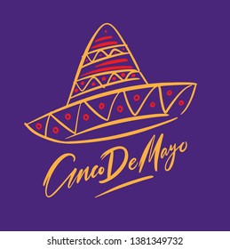 Calligraphic type lettering of Cinco De Mayo with hand drawn sombrero and on chalkboard background