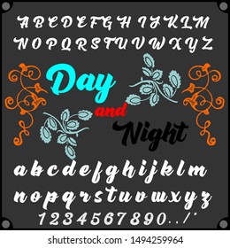 Calligraphic vector alphabet letters named Day and Night. Script letters