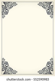 Calligraphic vector border, vertical frame. Design template for wedding greeting card, invitation, menu, label. Graphic baroque page for book background