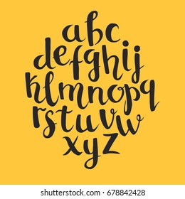 Calligraphic vector font. Lettering latin alphabet. Modern abc calligraphy. Black english letters for you text or logo. Isolated on yellow background