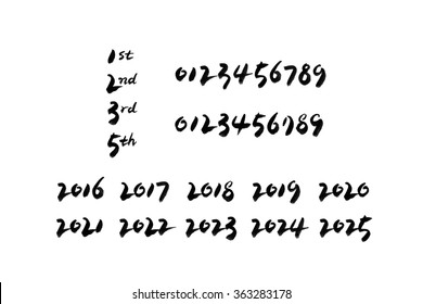 calligraphic vector numbers, 01234567890, 2016, 2017, 2018, 2019, 2020, 2021, 2022, 2023, 2024, 2025, cardinal number, ordinal number, calligraphy,