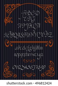 Calligraphic vector script font. Handwritten brush style modern calligraphy cursive typeface. Typography alphabet for Designs with decorative elements in the Art Nouveau style
