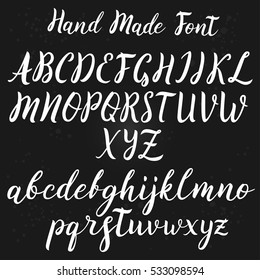 Calligraphic vector script font. Handwritten brush style letter. Hand lettering alphabet for logos, packaging design, poster. Typographic set on black background.