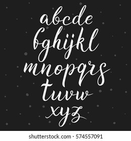 Calligraphic vector script font. Handwritten brush style letter. Hand lettering alphabet for logos, packaging design, poster. Typographic set on black background.