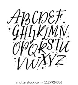 Calligraphic vector script font isolated on white background. Texture inc alphabet. 