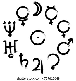 Calligraphic vector set. Astrology and astronomy symbols. Planets signs. Alchemy planets signs. Planet pictograms. Calligraphic planets.
